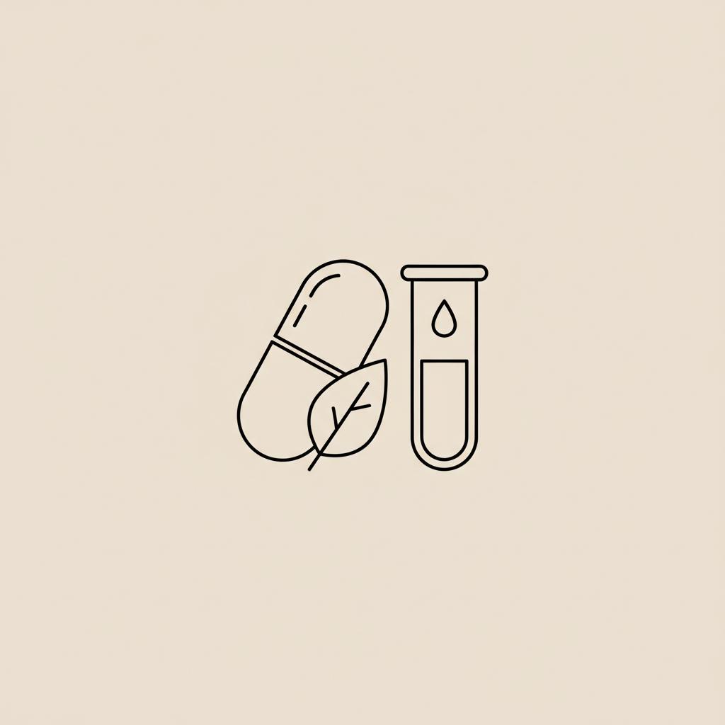 Minimal line-art vector of a capsule, small leaf and simplified vitamin D test tube on a beige background, evoking brain fog and nutrient support.