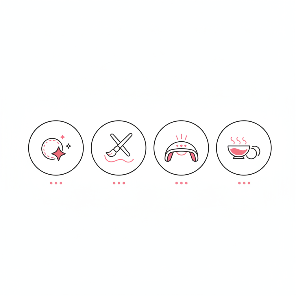 Minimalistische 2D-Vektorinfografik mit vier Icons (Vorbereitung, Auftrag, Aushärten, Entfernen) in NailX-Farben – DIY gel nail starter kit