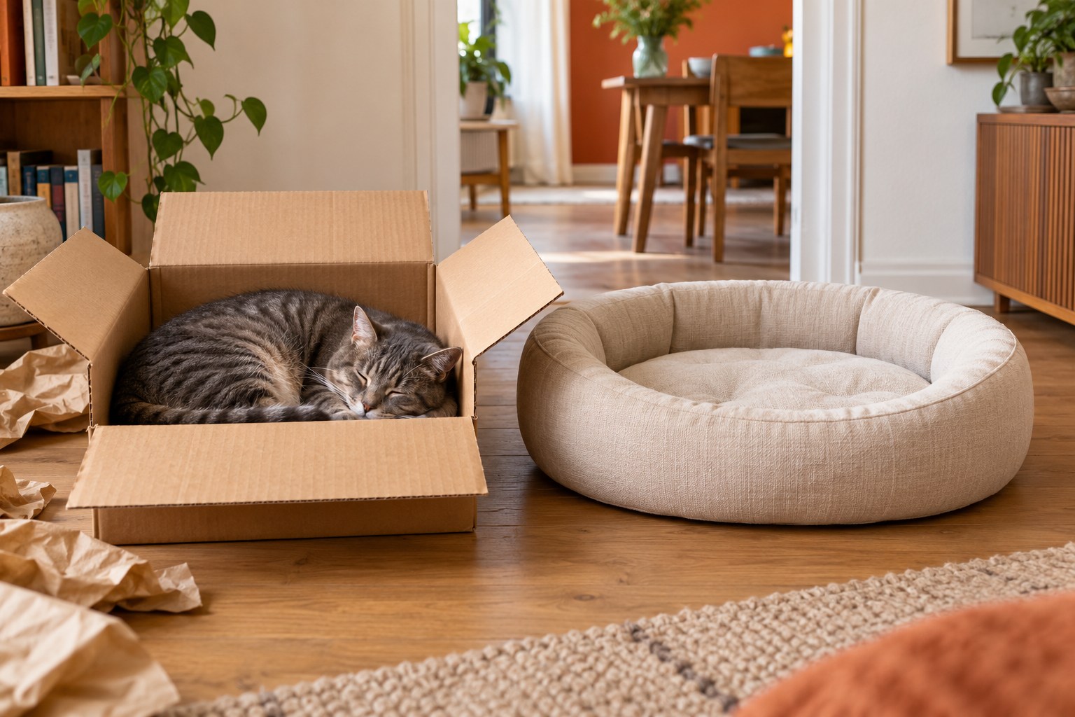 Eine Katze schläft im Versandkarton neben einem unbenutzten Katzenbett.