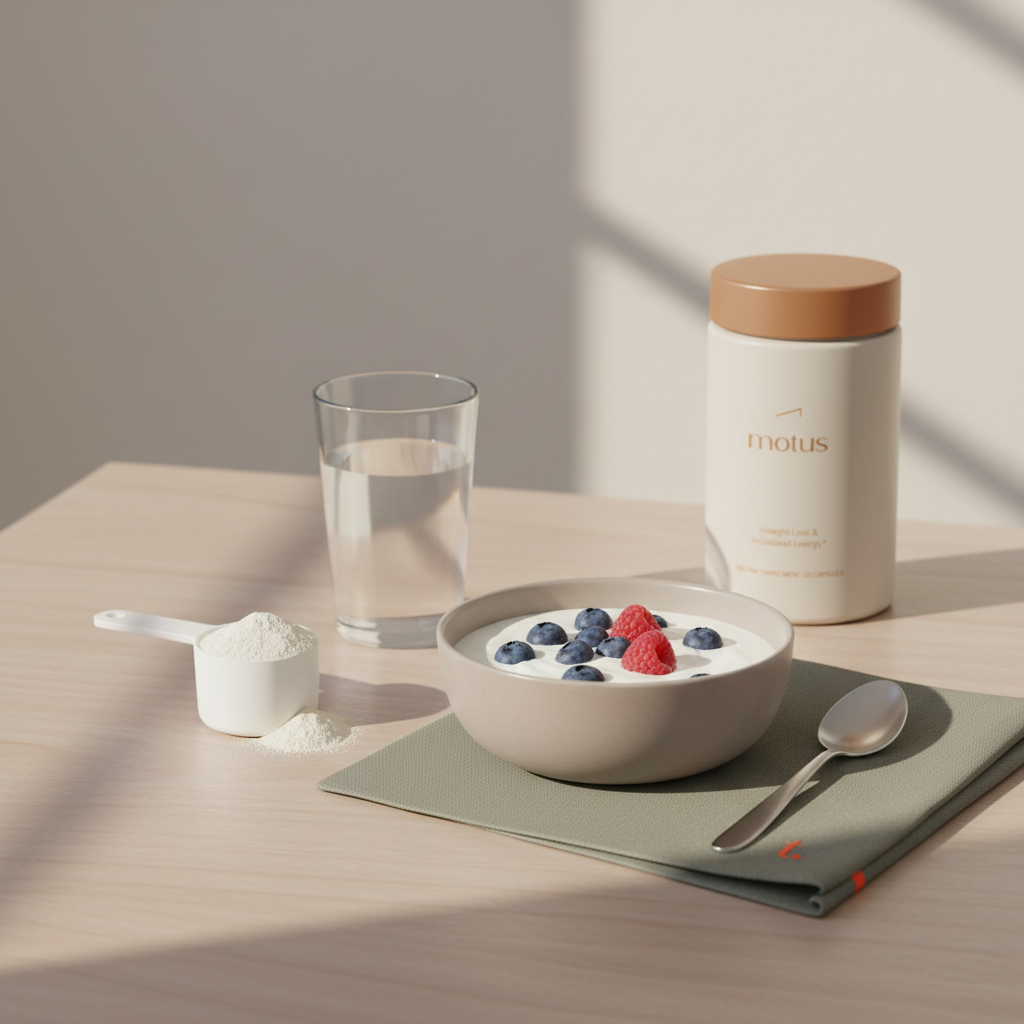 Minimal breakfast scene with a measured scoop of protein powder beside yogurt and berries, a glass of water, and the Tonum Motus bottle placed unobtrusively in the corner