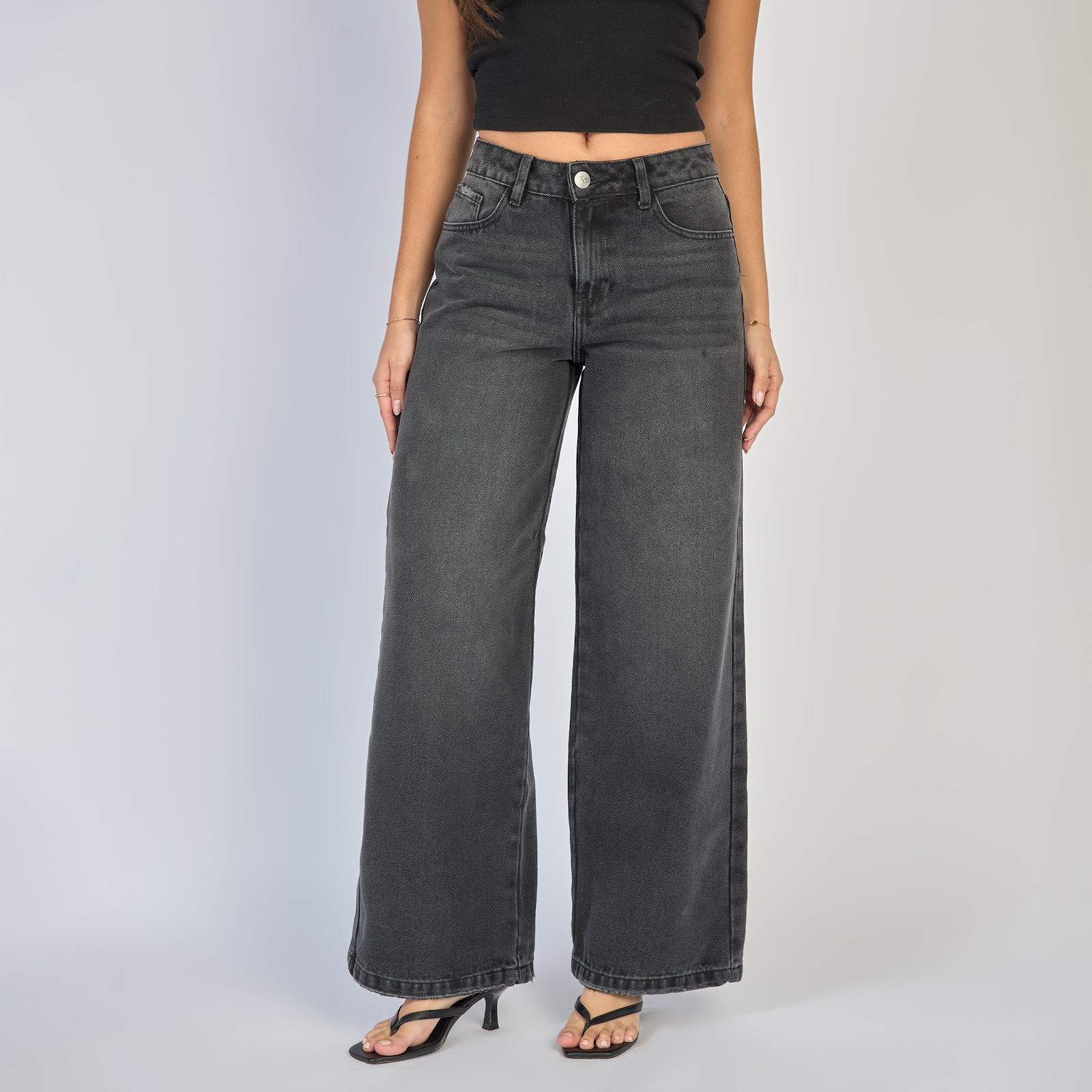 Jean dama wide leg tiro alto rígido, color Gris oscuro - Vista 4