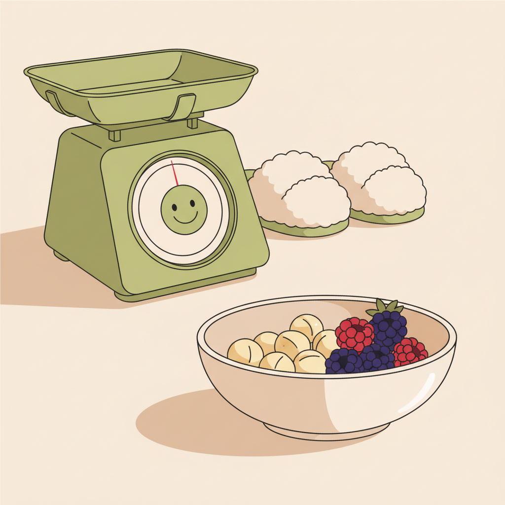 Nahaufnahme von Macadamianüssen und frischen Beeren auf Keramik neben einer Waage mit Smiley – Illustration zu was kann man naschen ohne kohlenhydrate? im minimalistischen Vegardians-Stil.