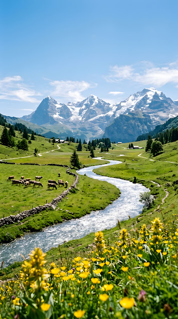 Vergent Alpine Valley with Winding River - Free mobile Wallpaper