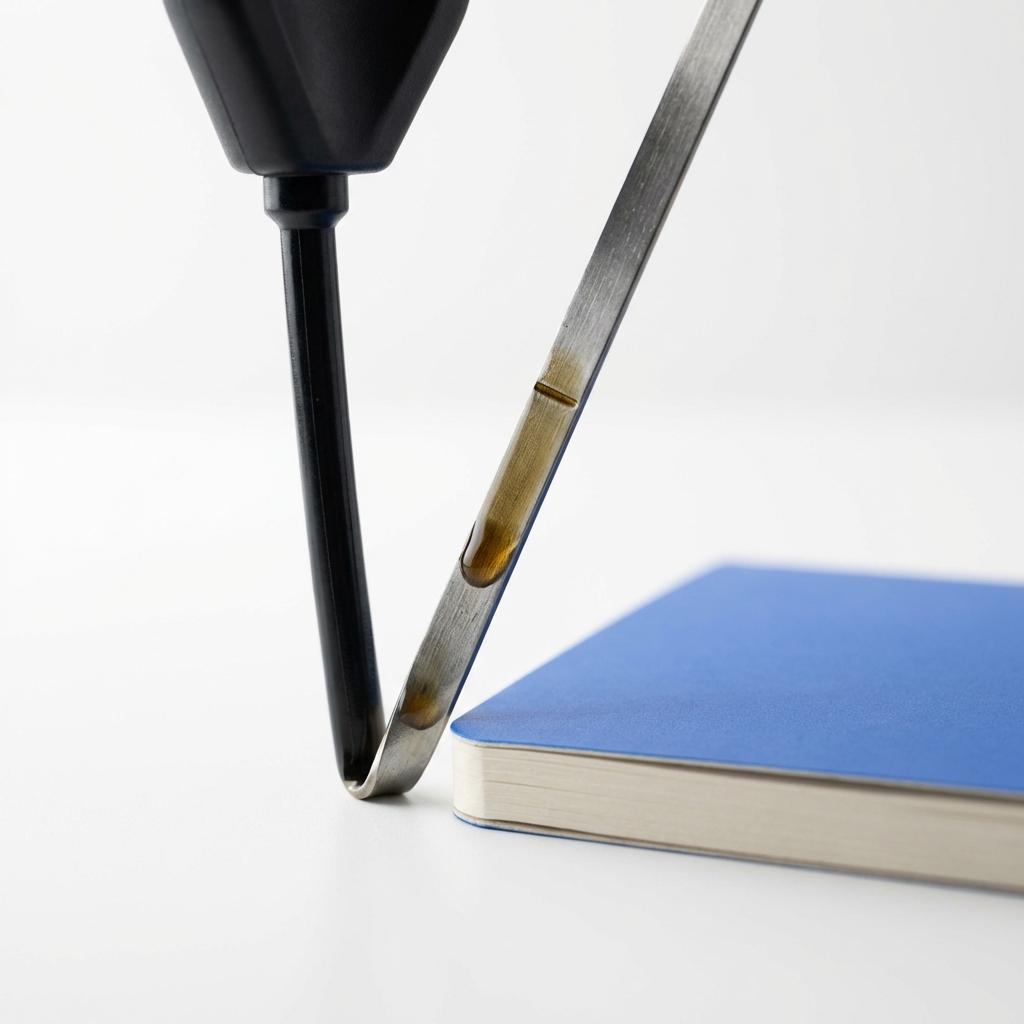 Close up oil dipstick showing oil level beside a small blue notebook on a clean white garage surface illustrating common Toyota problems related to oil checks