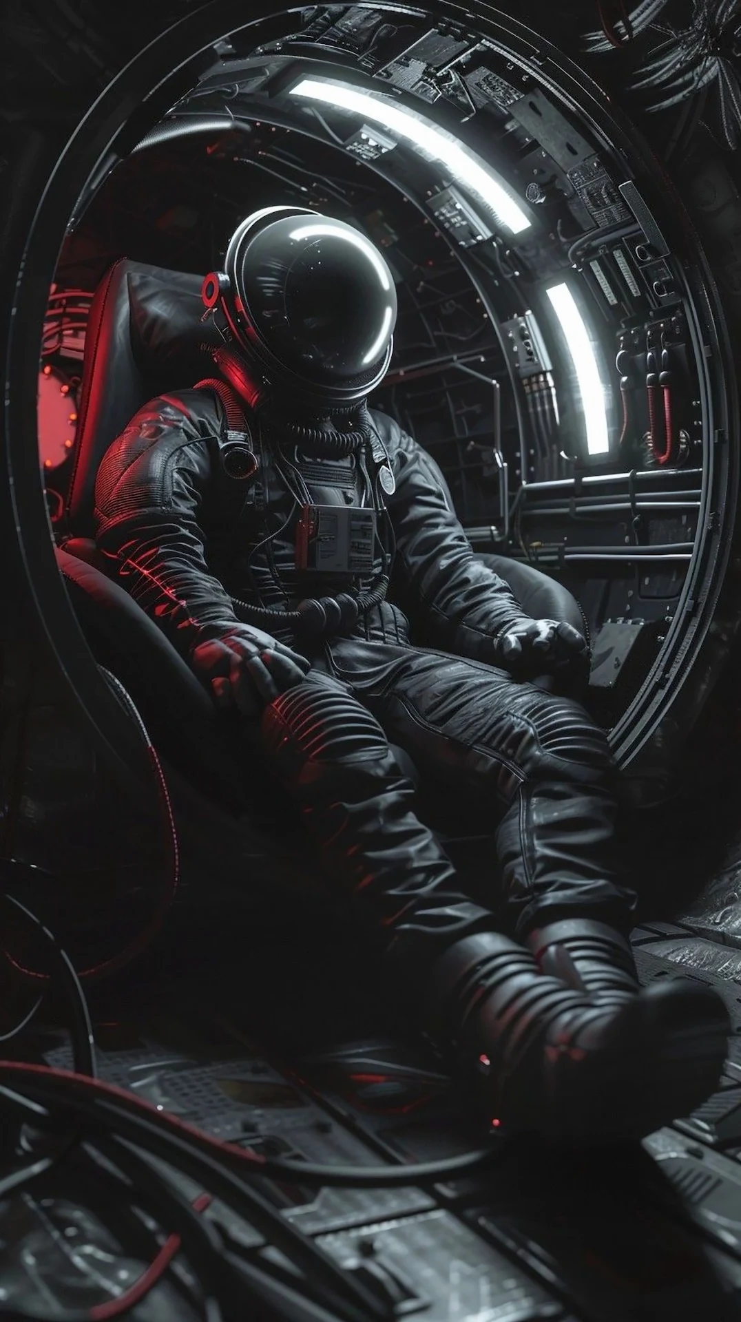 Dark Sci Fi Astronaut Pilot in Capsule Cockpit Interior - Free 4K mobile Wallpaper
