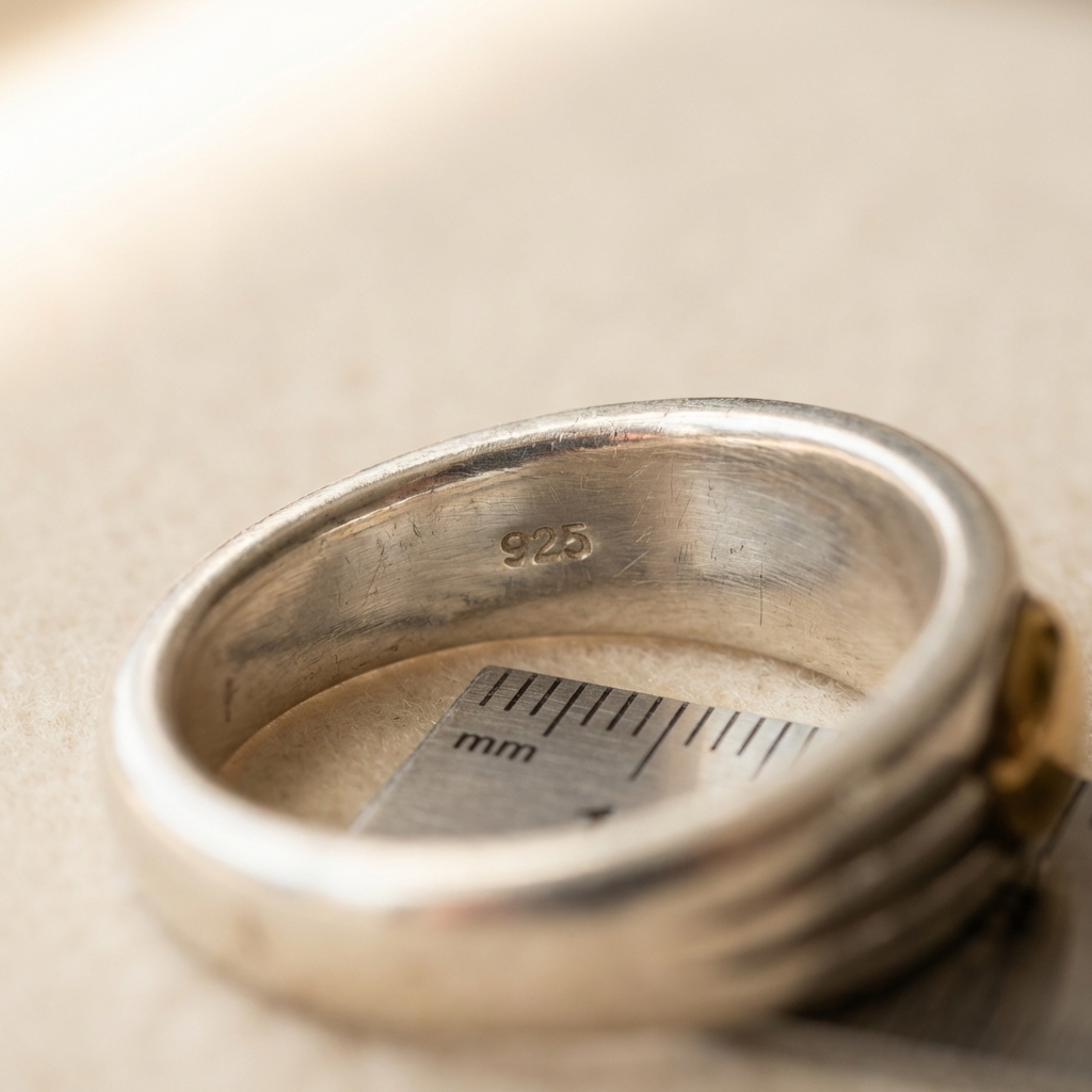 Macro full frame photo of a roman numeral ring silver interior showing faint 925 impression and visible wear with a ruler for scale on a minimalist beige background