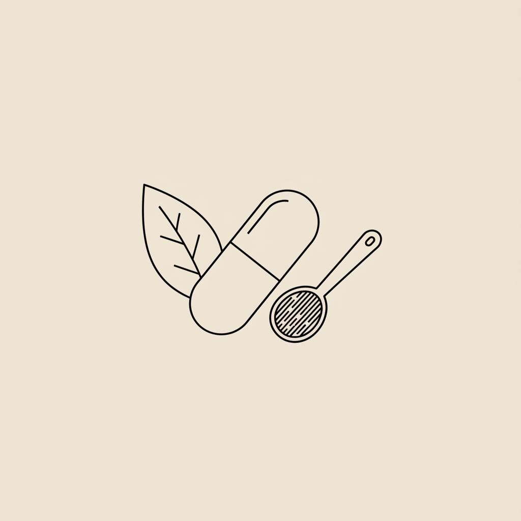Minimalist Tonum-style line illustration of a capsule overlapping a leaf and measuring spoon, signaling natural Ozempic alternatives linking plant-based supplement and science.