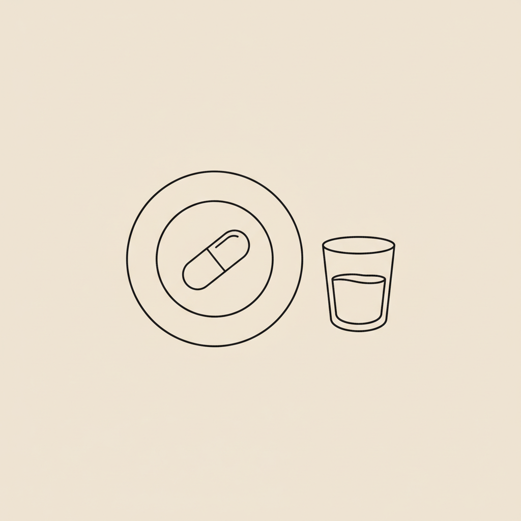 Minimalist vector line illustration of a plate with a capsule and small water glass on a beige background, representing bariatric vitamins and hydration.