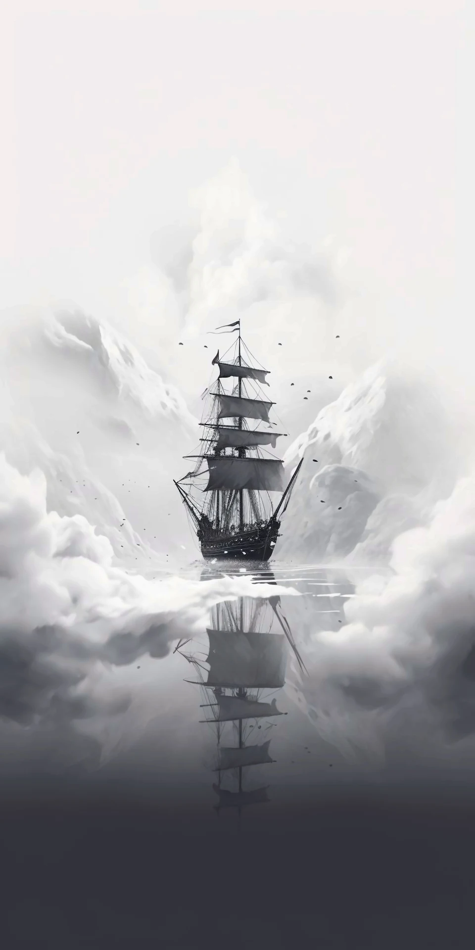 Mysterious Tall Ship Sailing Through Monochromatic Fog Banks - Free 4K mobile Wallpaper