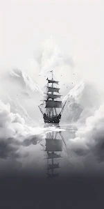 Mysterious Tall Ship Sailing Through Monochromatic Fog Banks