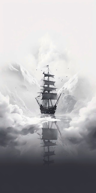 Mysterious Tall Ship Sailing Through Monochromatic Fog Banks - Free mobile Wallpaper
