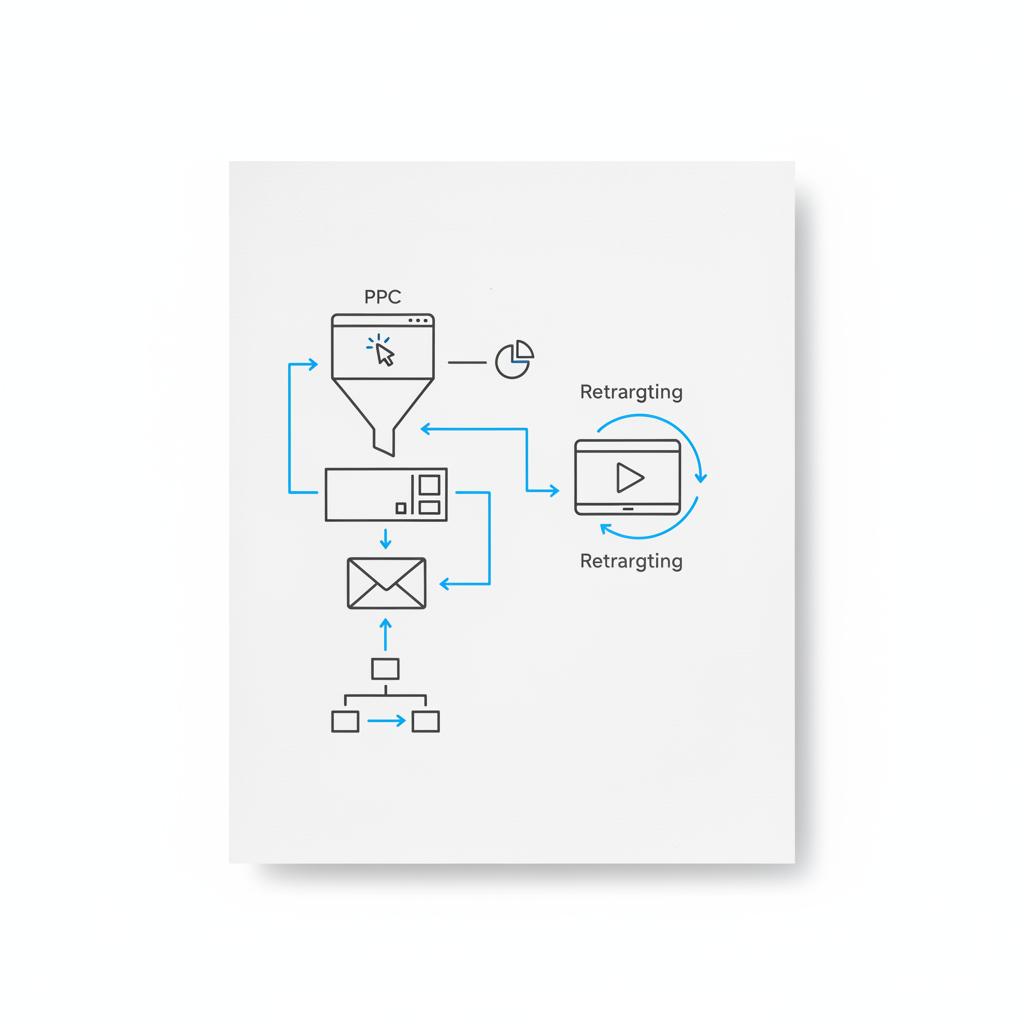 Minimalist vector notebook sketch of a marketing funnel with PPC at the top, retargeting display/video to the side, and email at the bottom &mdash; types of digital marketing