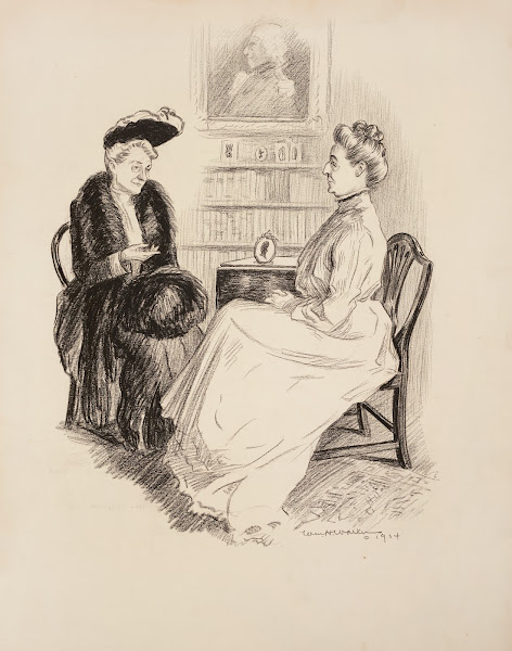 Two women sit talking in a parlor 1904