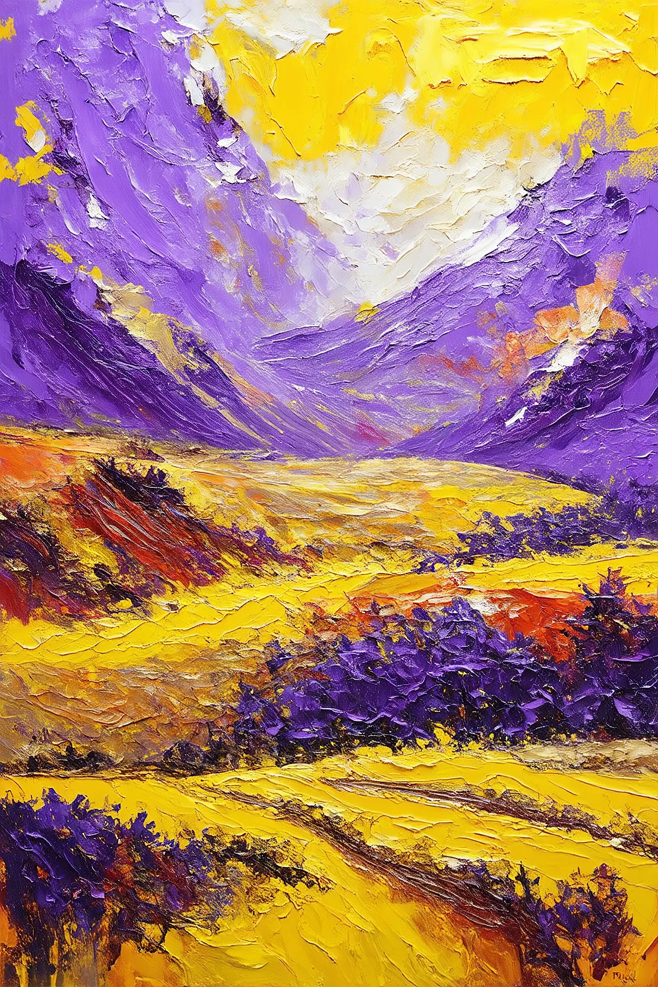 Vibrant Purple and Yellow Impressionist Landscape - Free 4K mobile Wallpaper