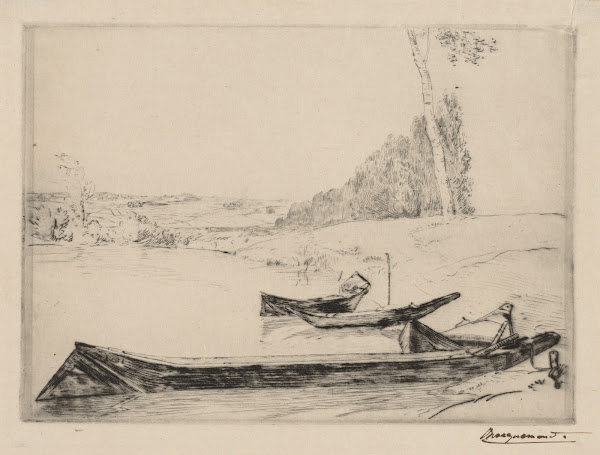 Small ferry boats on the banks of the Seine c 1858