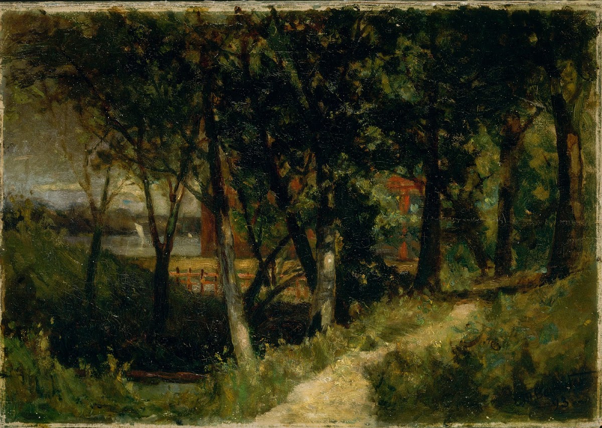 Untitled landscape forest scene with red fence and building 1893