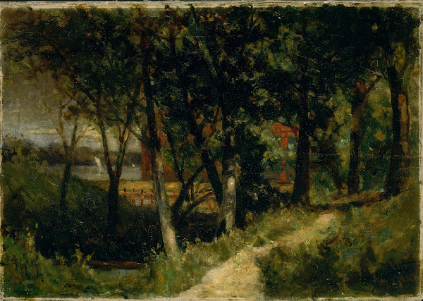 Untitled landscape forest scene with red fence and building 1893