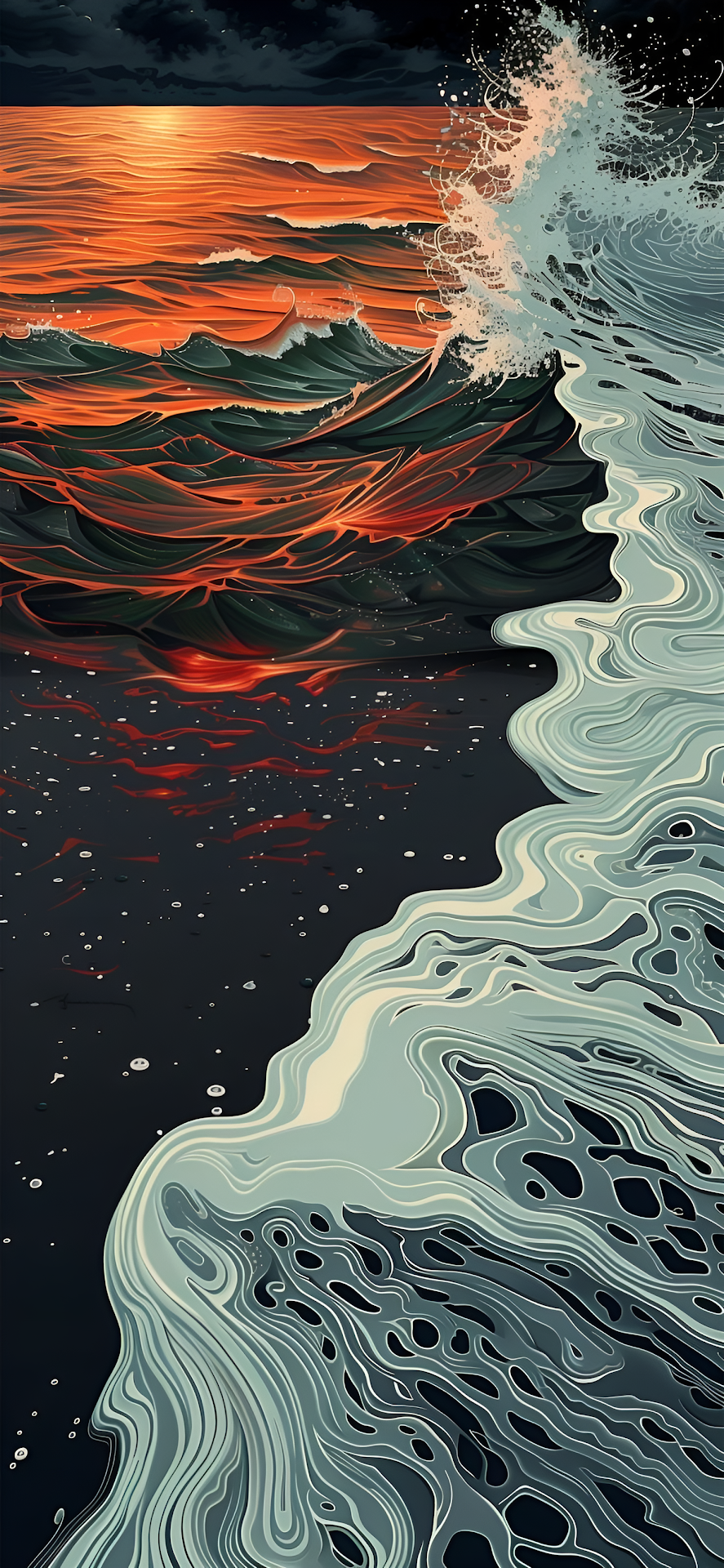 Stylized Ocean Sunset Art Nouveau Waves Illustration - Free 4K mobile Wallpaper