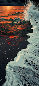 Stylized Ocean Sunset Art Nouveau Waves Illustration