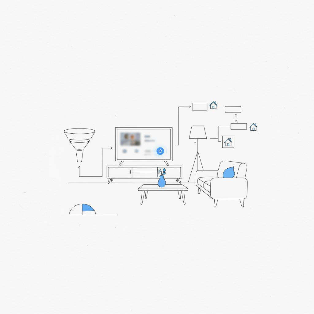 Notebook-style 2D vector sketch of a living room TV with blurred streaming UI tiles and simple audience-flow diagrams illustrating what is television advertising