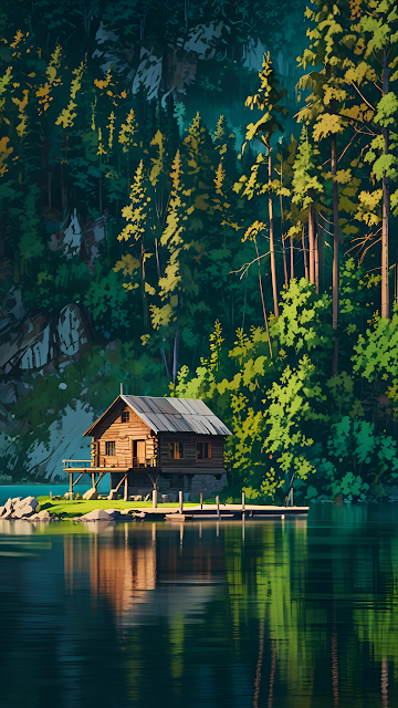 Tranquil Wooden Cabin on Lake Shore Forest Reflection - Free mobile Wallpaper