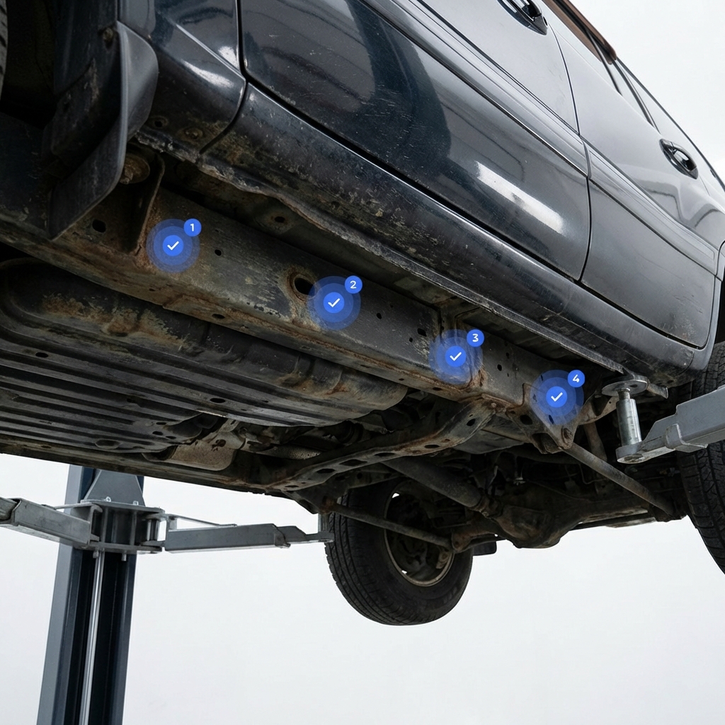 Close up underside frame and rocker panel of a Toyota Land Cruiser on white background with blue numbered markers indicating corrosion inspection points toyota land cruiser for sale