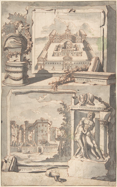 Reconstruction of the Thermae of Titus above and a View of the Ruins below befor