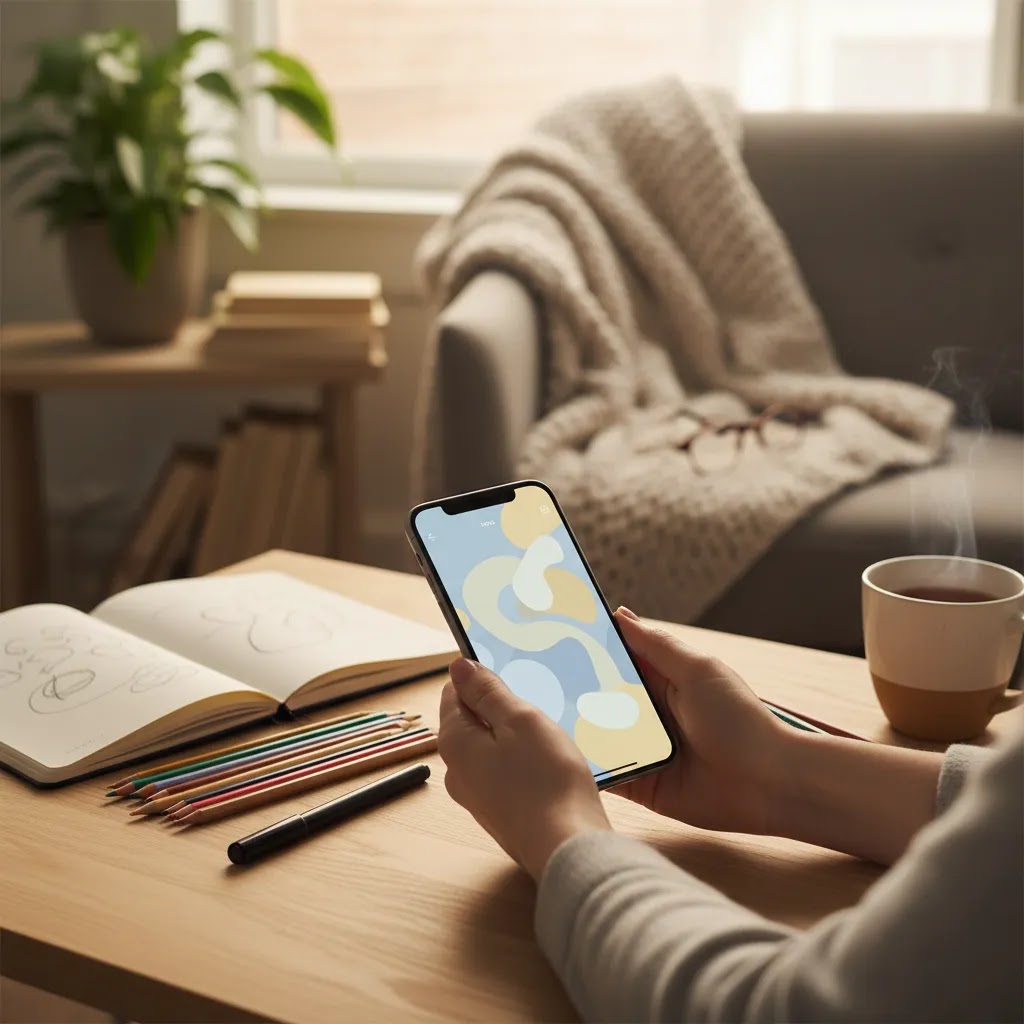 art therapy singapore adults app-based creative practice at home with sketchbook and smartphone
