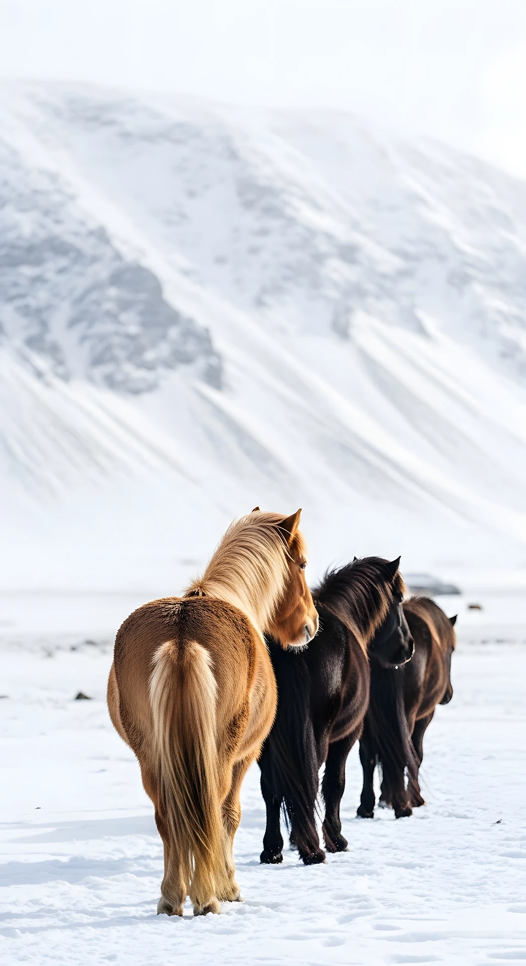 Vertical Photo of Wild Icelandic Horses in a Snowy Winter Landscape with Mountains - Free 4K mobile Wallpaper