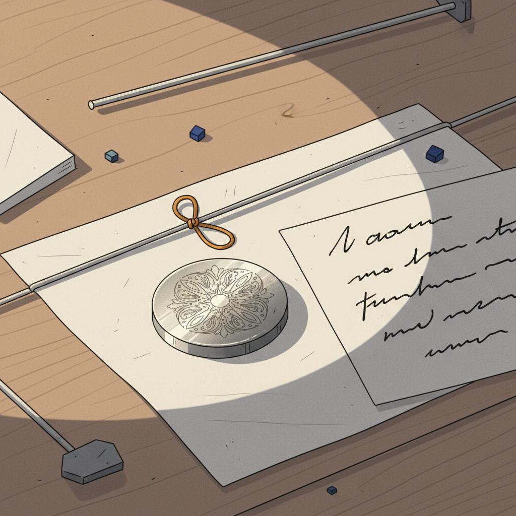 Detailaufnahme eines gravierten Metallanhängers auf Geschenkpapier neben einer handgeschriebenen Karte (ohne lesbaren Text), Fokus auf Material- und Texturqualität, silberhochzeit geschenke ideen