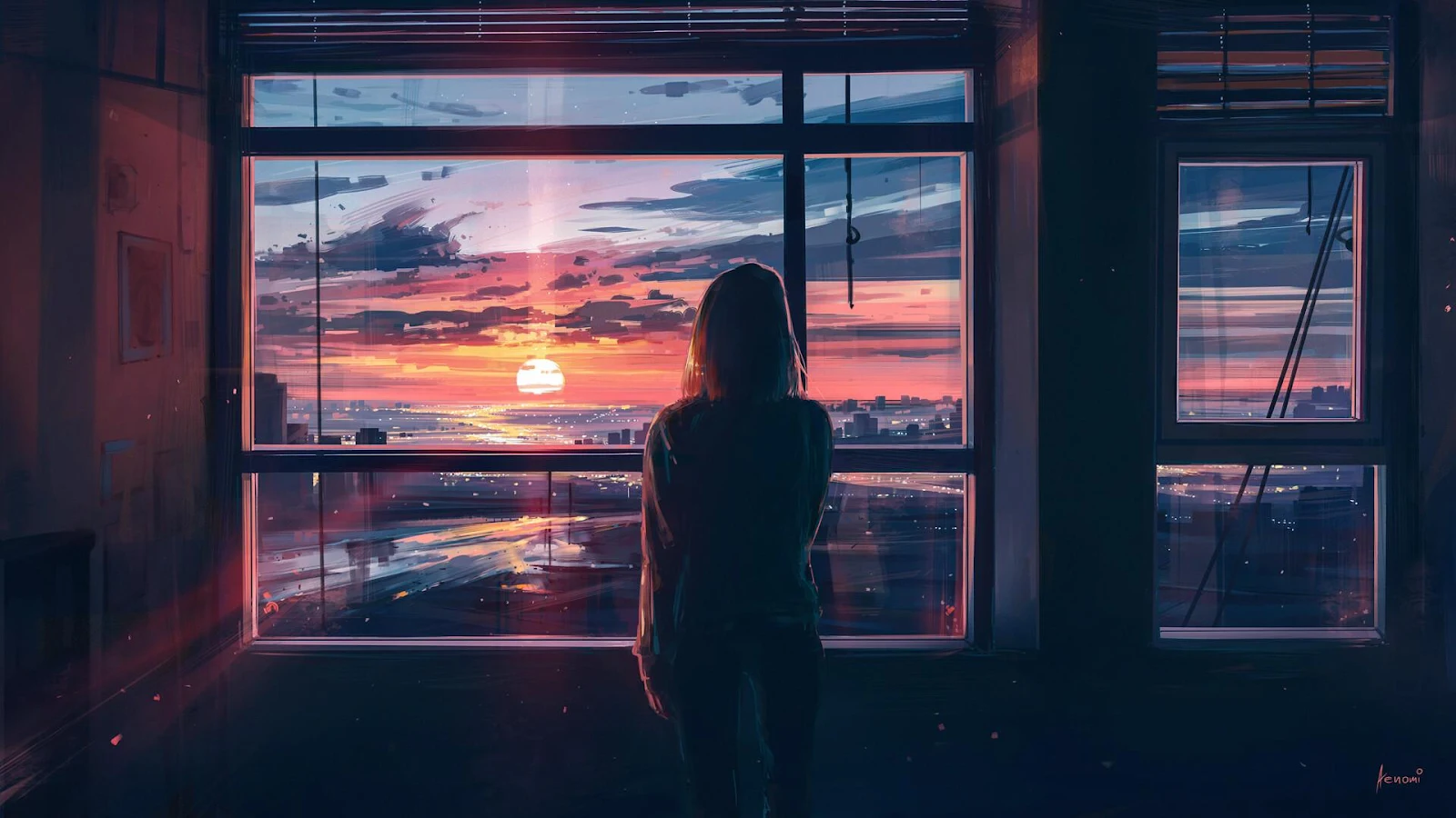 Woman Watching Dramatic City Sunset - Cinematic Digital Art Full HD Wallpaper (1920x1080)