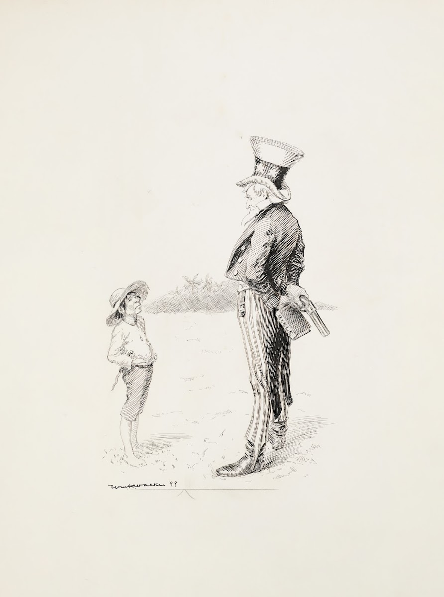 Uncle Sam holding a gun and a Bible behind his back talks to a man from a tropic