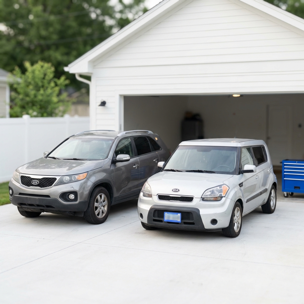 Two used Kia cars parked side by side in a quiet suburban driveway showing the best month to purchase a Kia soft morning light clean white background and 3666ed blue accents