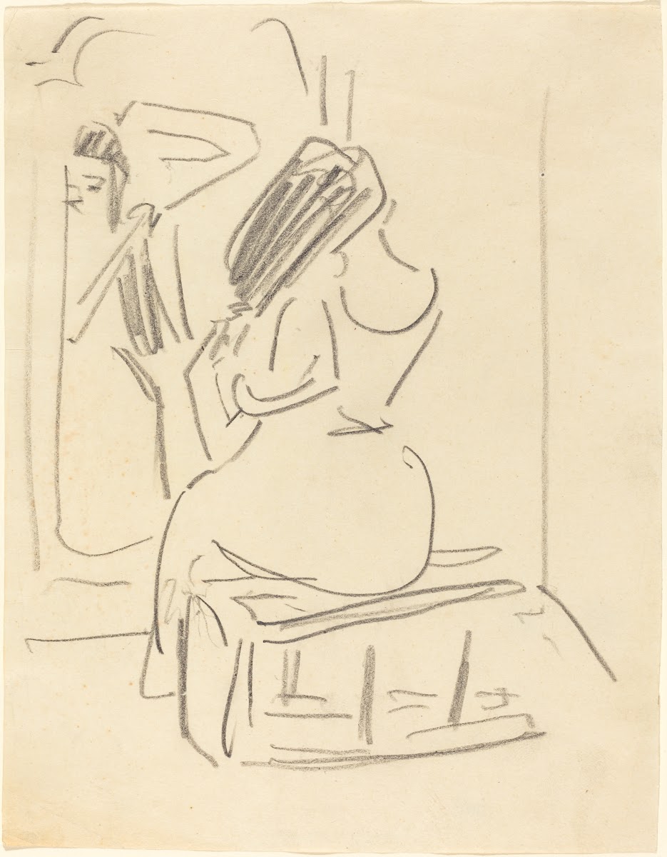 A Woman Combing Her Hair in Front of a Mirror