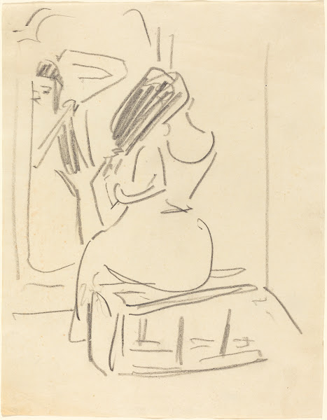 A Woman Combing Her Hair in Front of a Mirror