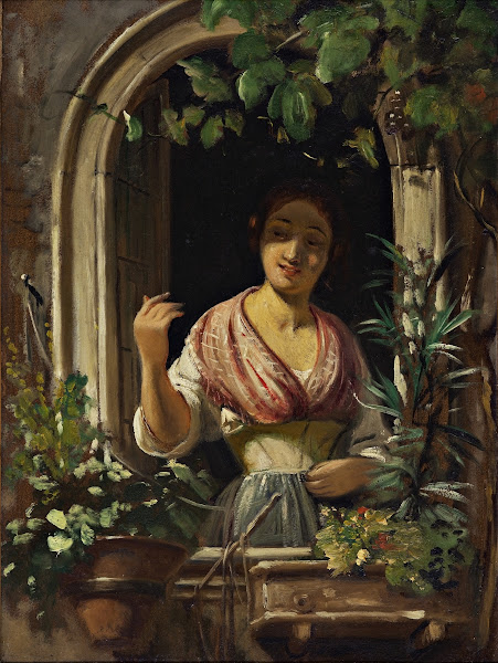 Italian woman waving from a window end of the 1850s