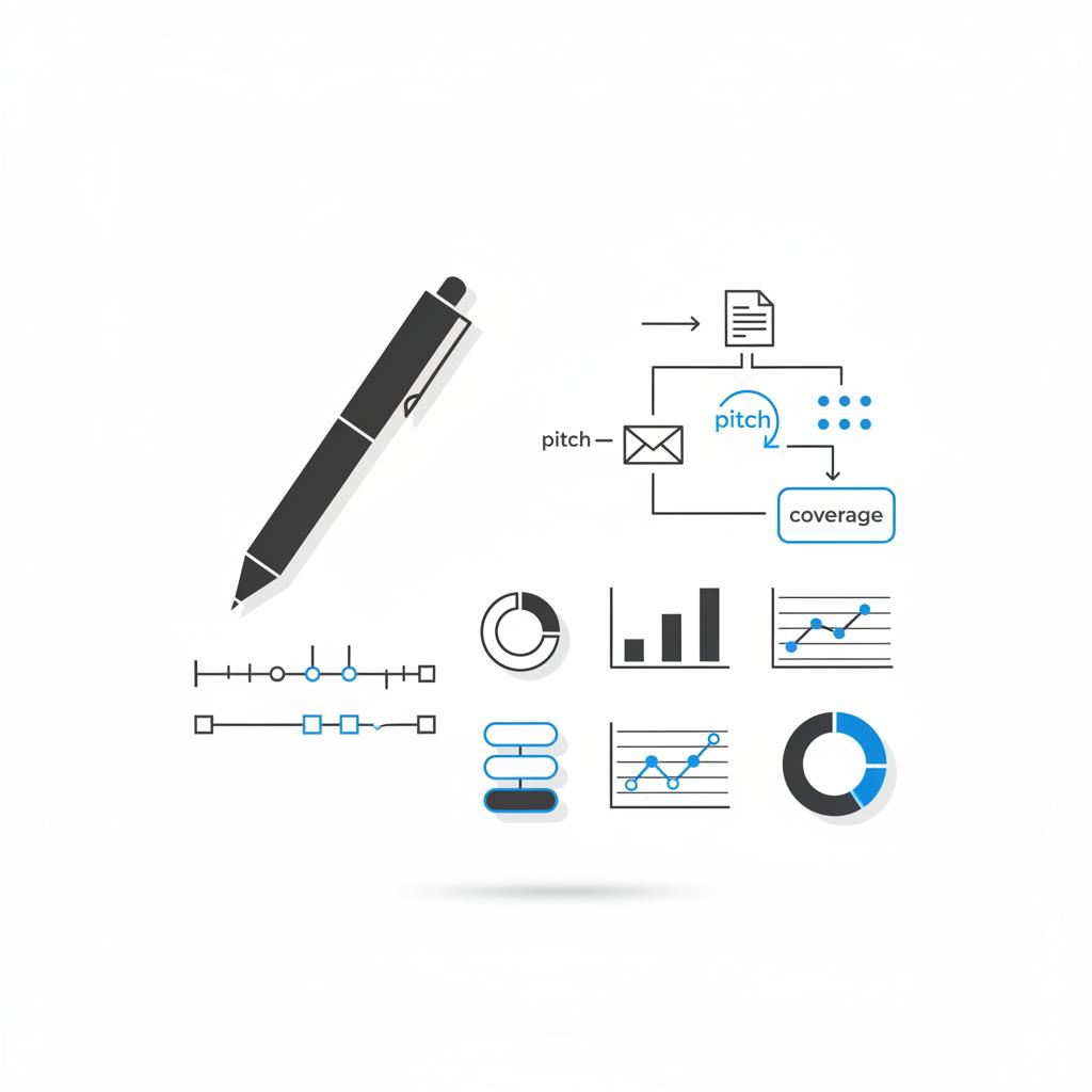 Minimal 2D vector flat-lay notebook illustration for a public relations expert showing a pen, timeline, media outreach flow diagrams and simple metrics on a white background.