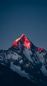 Dramatic Vertical Photo of Snowy Alpine Mountain Peak with Alpenglow at Sunrise