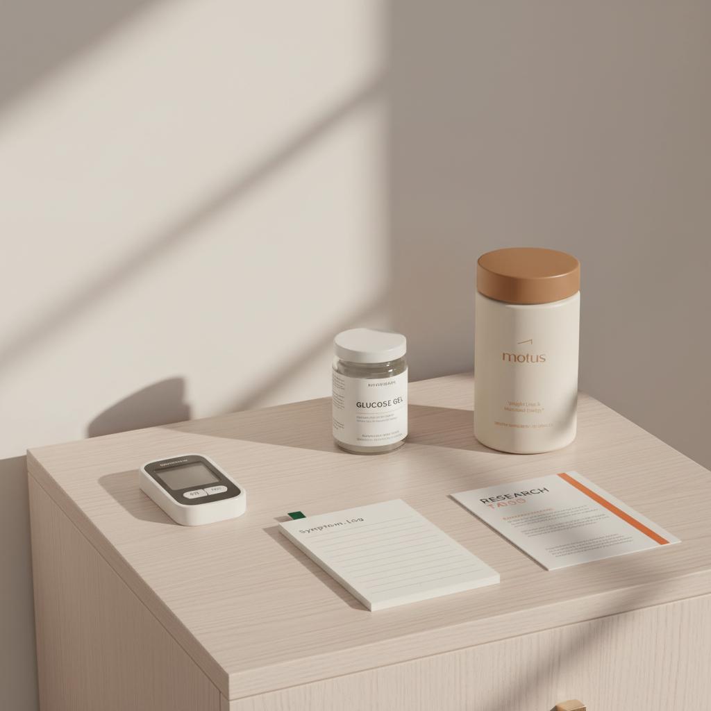 What is diabetic dizziness like? Tidy bedside table with glucose meter, glucose gel, printed symptom log, Tonum research pamphlet and the Tonum supplement container from reference photos.