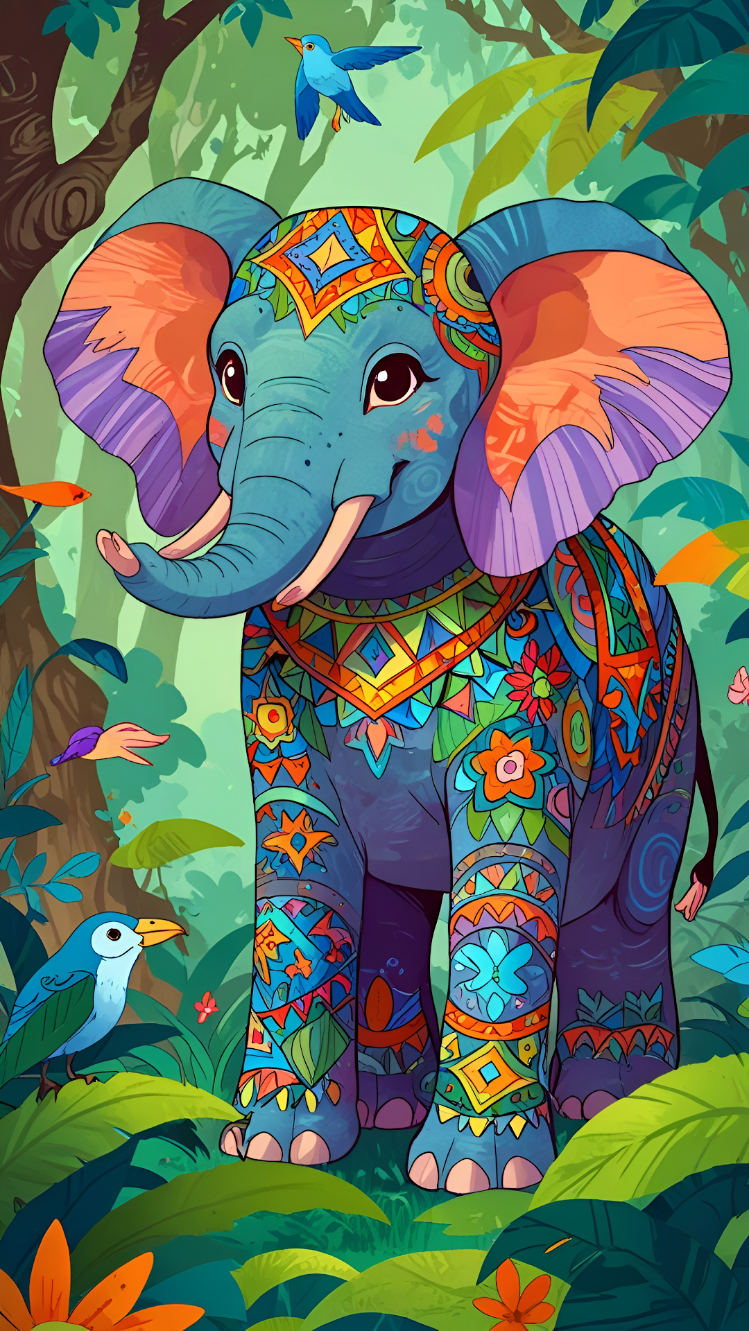 Colorful Decorated Elephant Jungle Illustration Art - Free 4K mobile Wallpaper