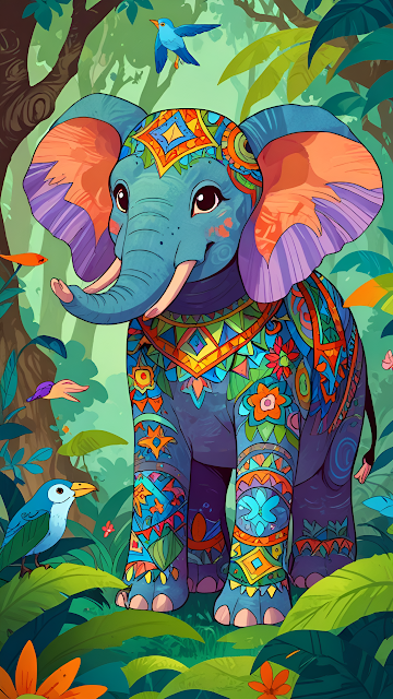 Colorful Decorated Elephant Jungle Illustration Art - Free mobile Wallpaper