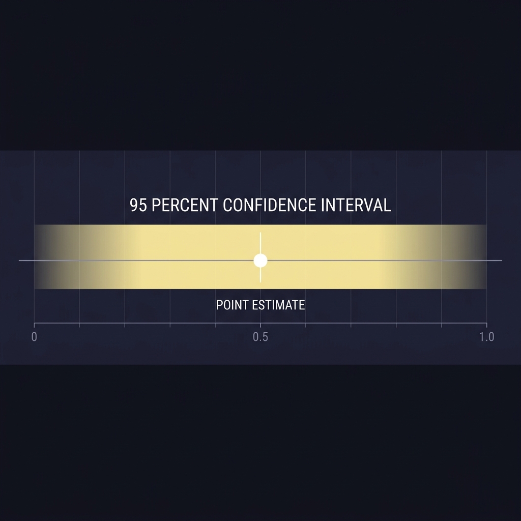 Minimalist infographic showing a wide 95 percent confidence interval around a point estimate illustrating Why Variance Can Hide a Good Strategy