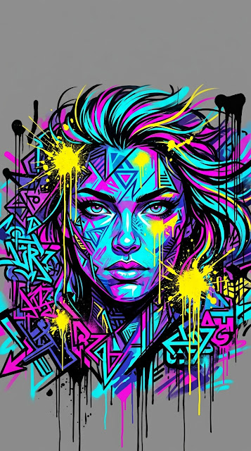 Vibrant Urban Graffiti Illustration of a Stylized Face with Abstract Geometric Splatters - Free mobile Wallpaper