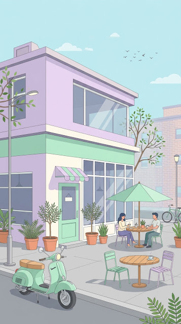 Minimalist Illustration of a Trendy Urban Café with Lavender and Mint Facade - Free mobile Wallpaper