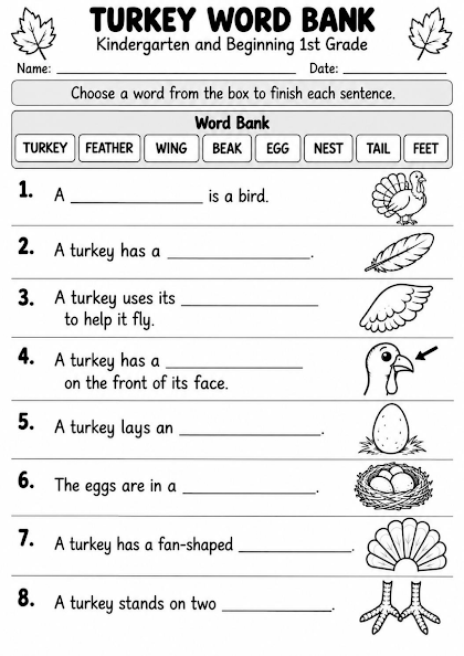 Turkey Word Bank Completion Worksheet