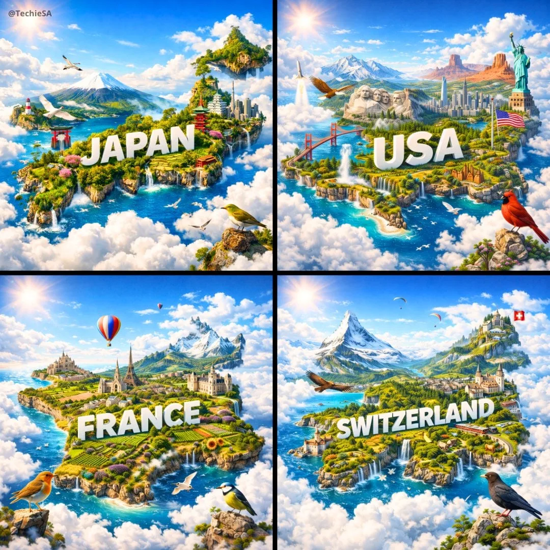 Crea un póster digital ultra-HD hiperrealista de una isla miniatura flotante con forma de [COUNTRY],...