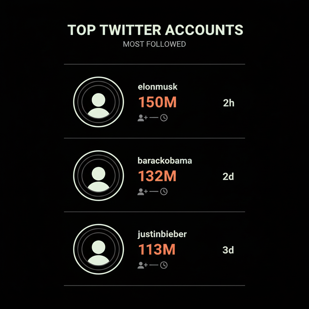 Minimal full-frame infographic of three stacked profile icons with follower counts and timestamps on a black background, highlighting the most followed accounts on Twitter.