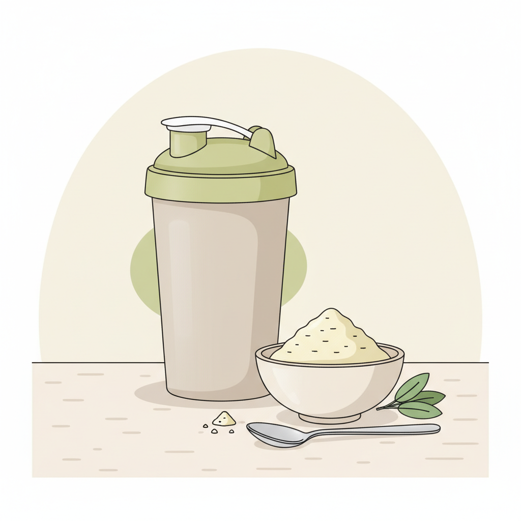 Detailaufnahme eines Proteinshakers neben einer Keramikschale mit Vanille-Proteinpulver in Vegardians-Farben, minimalistisches Layout, Fokus auf Zutaten und Trainingsfrequenz.