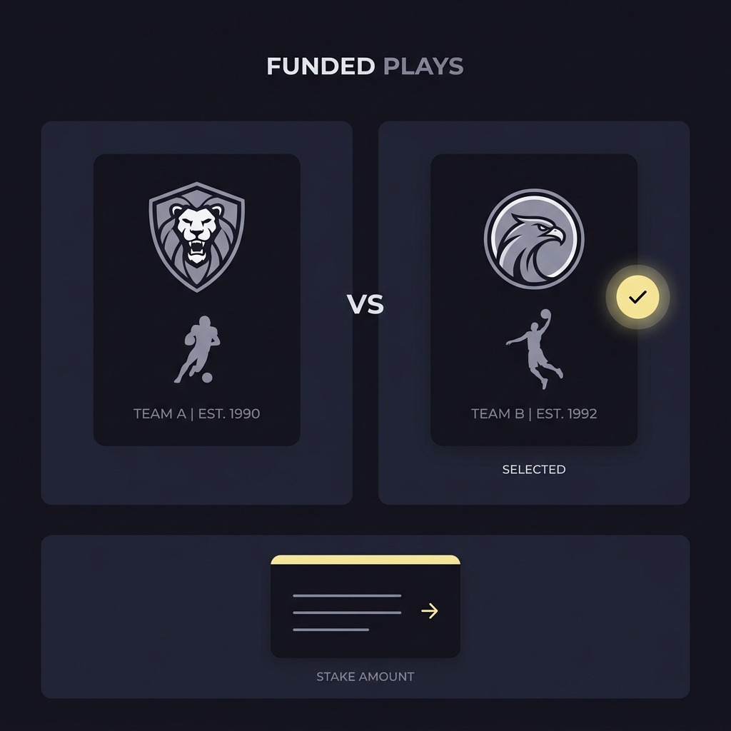 Minimalist sports betting illustration of two team cards with a highlighted single selection and a small stake note on a dark Funded Plays style background for straight bets