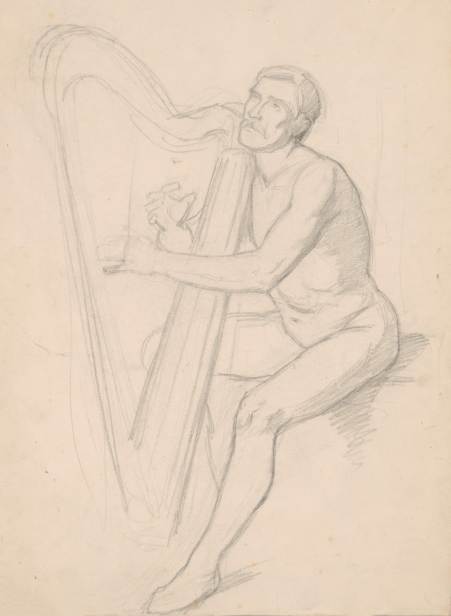 Nude male study to the painting King David playing the harp 1855